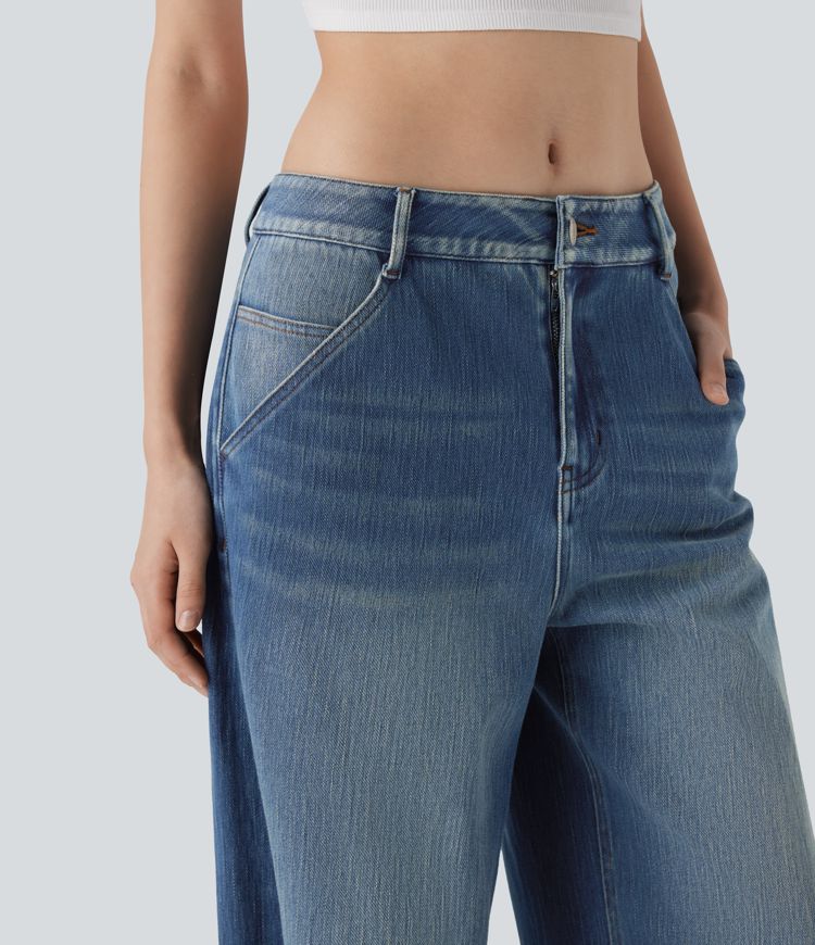 Jeans Baggy Halara Flex™ Denim vaquero elástico tiro bajo estilo lavado pierna ancha múltiple bolsillo