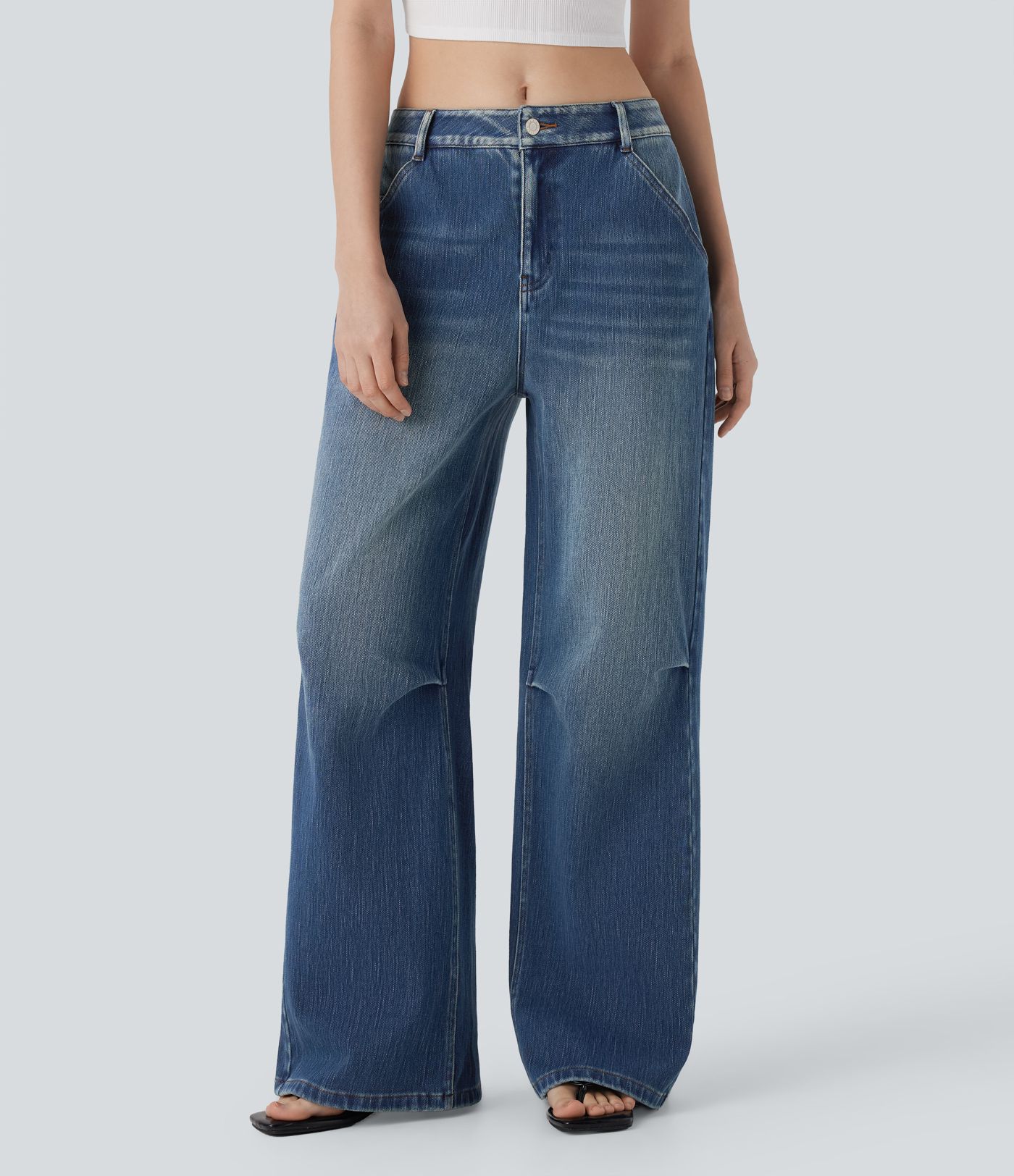 Jeans Baggy Halara Flex™ Denim vaquero elástico tiro bajo estilo lavado pierna ancha múltiple bolsillo