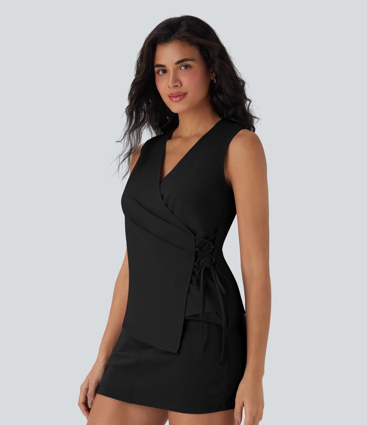 V Neck Wrapped Crisscross Lace Up Work Vest