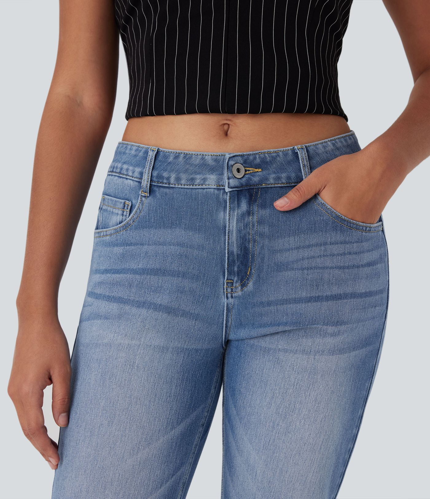 Halara Flex™ vaqueros de cintura baja con bolsillos con cremallera, pernera recta, lavados y de corte relajado