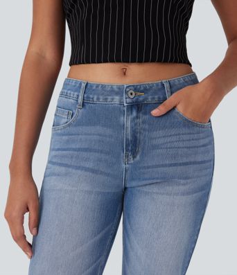 Halara Flex™ vaqueros de cintura baja con bolsillos con cremallera, pernera recta, lavados y de corte relajado