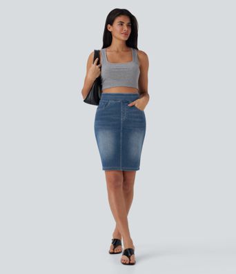 Halara Flex™ High Waisted Pockets Washed Denim Casual Skirt