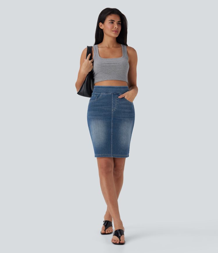 Halara Flex™ High Waisted Pockets Washed Denim Casual Skirt