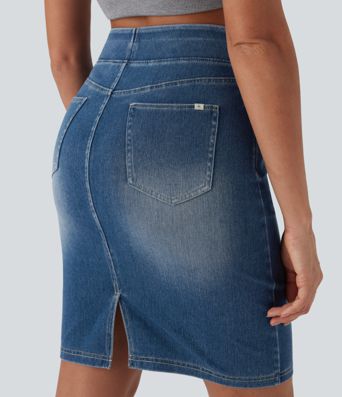 Halara Flex™ High Waisted Pockets Washed Denim Casual Skirt
