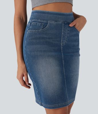 Halara Flex™ High Waisted Pockets Washed Denim Casual Skirt