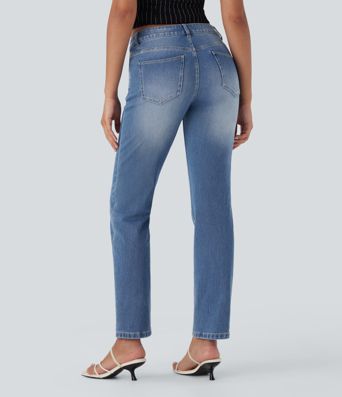 Halara Flex™ vaqueros de cintura baja con bolsillos con cremallera, pernera recta, lavados y de corte relajado