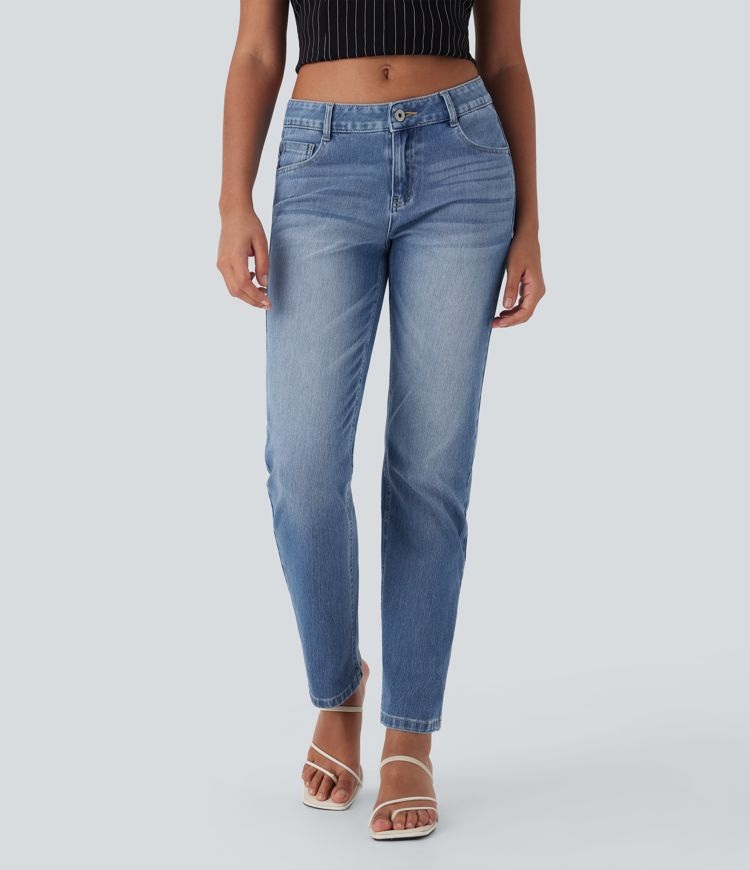 Halara Flex™ Low Rise Button Zipper Multiple Pockets Straight Leg Washed Stretchy Knit Casual Jeans