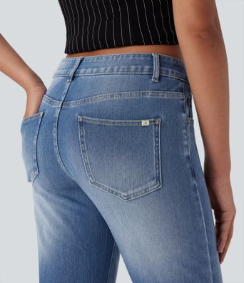 Halara Flex™ vaqueros de cintura baja con bolsillos con cremallera, pernera recta, lavados y de corte relajado