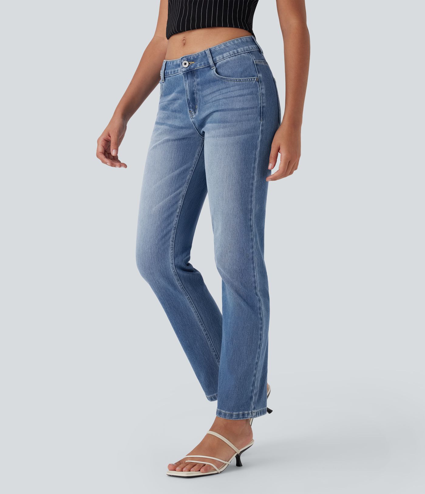 Halara Flex™ vaqueros de cintura baja con bolsillos con cremallera, pernera recta, lavados y de corte relajado