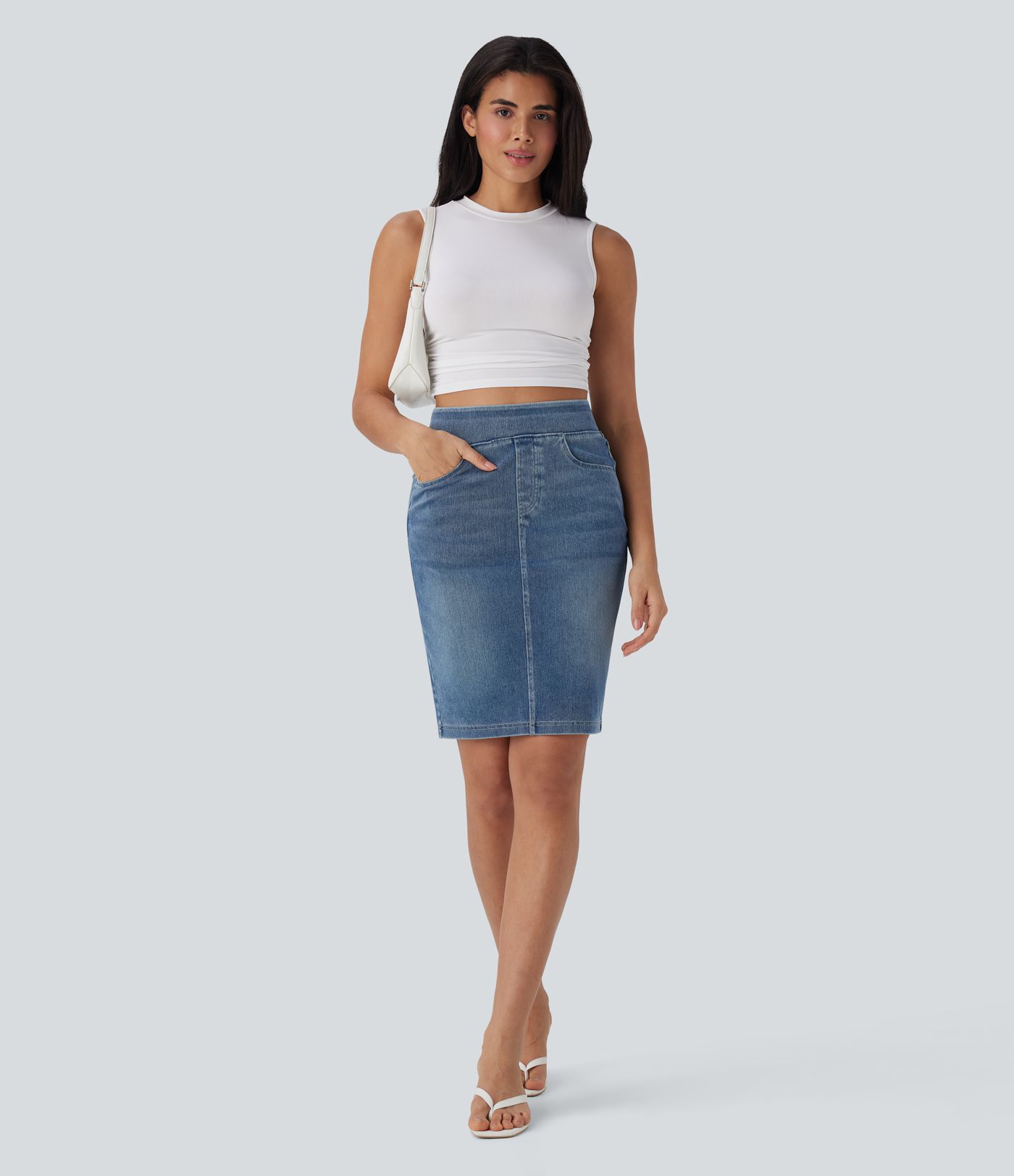 Halara Flex™ High Waisted Pockets Washed Denim Casual Skirt