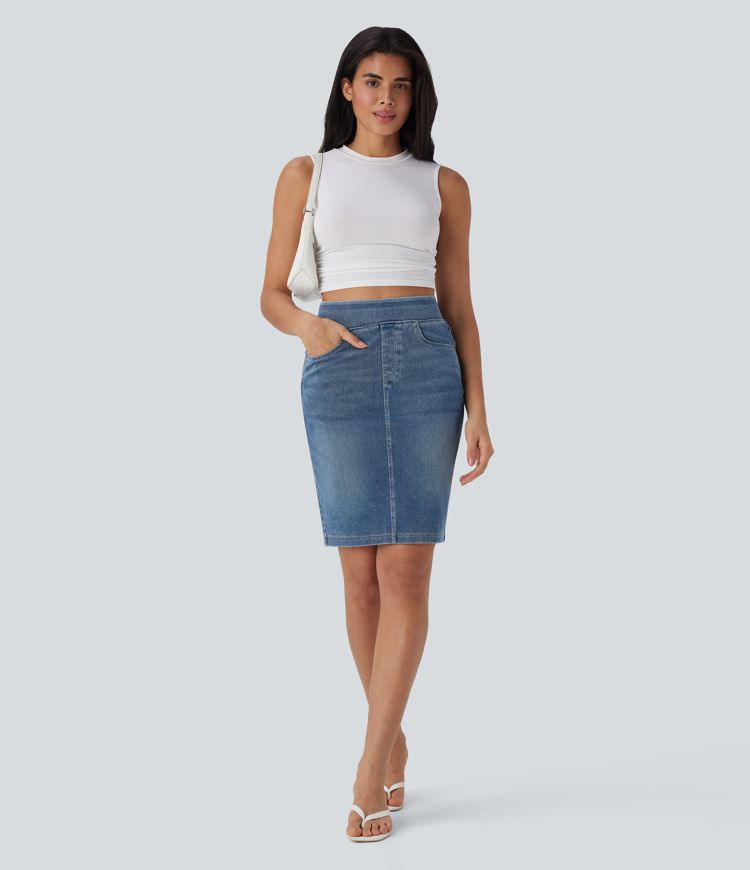 Halara Flex™ High Waisted Pockets Washed Denim Casual Skirt