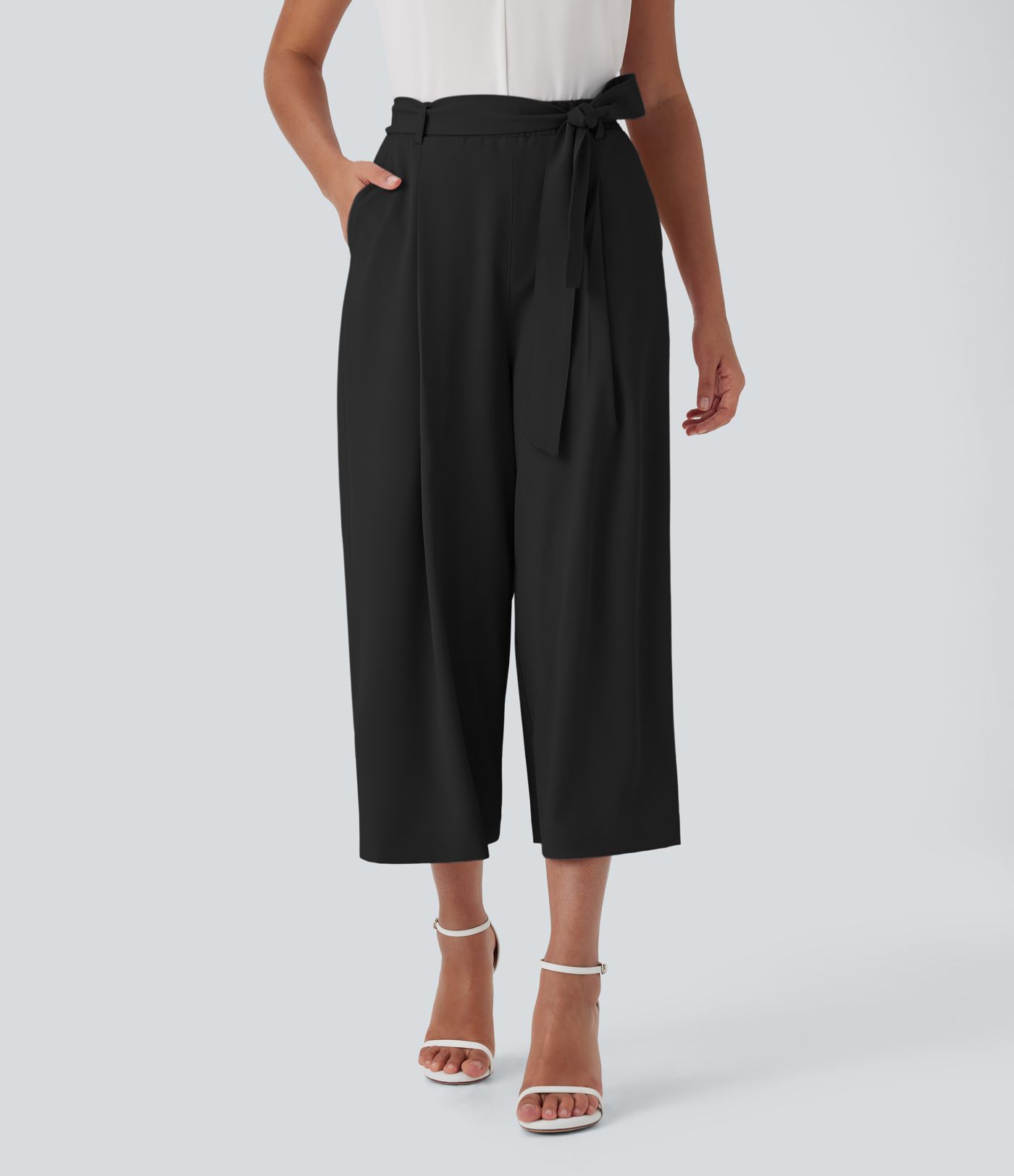 Halara Flex™ High Waisted Belted Wide Leg Cropped Work Pants with Pockets Halara Flex™ High Waisted Belted Wide Leg Cropped Work Pants with Pockets