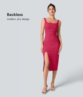 Softlyzero™ Airy Square Neck Backless Corset Ruched Split Bodycon Midi Cool Touch Bridesmaid and Wedding Guest Dress