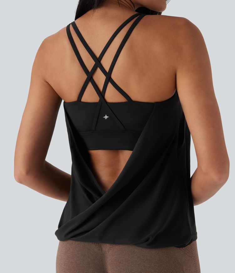 Double Straps Pleated Quick Dry Yoga Cami Top D-F Cups