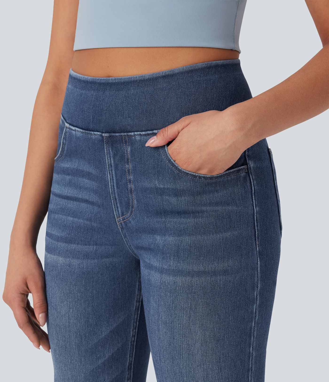 Halara Flex™ Jean évasé casual délavé taille haute gainant avec poches