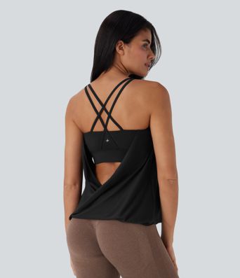 Double Straps Pleated Quick Dry Yoga Cami Top D-F Cups