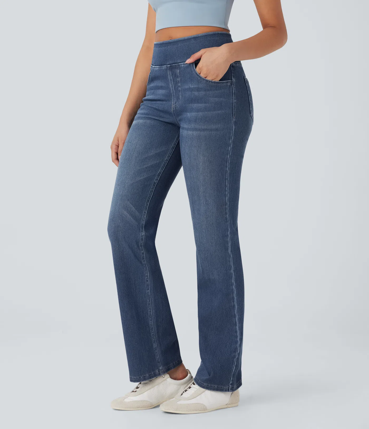 Halara Flex™ High Waisted Tummy Control Washed Stretchy Knit Casual Bootcut Jeans with Pockets