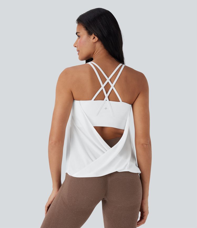 Crisscross Backless Double Straps Pleated Quick Dry Yoga Cami Top-D/DD/DDD/F Cups