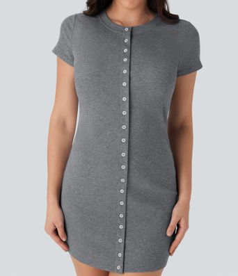 Ribbed Knit Round Neck Mini Casual Dress