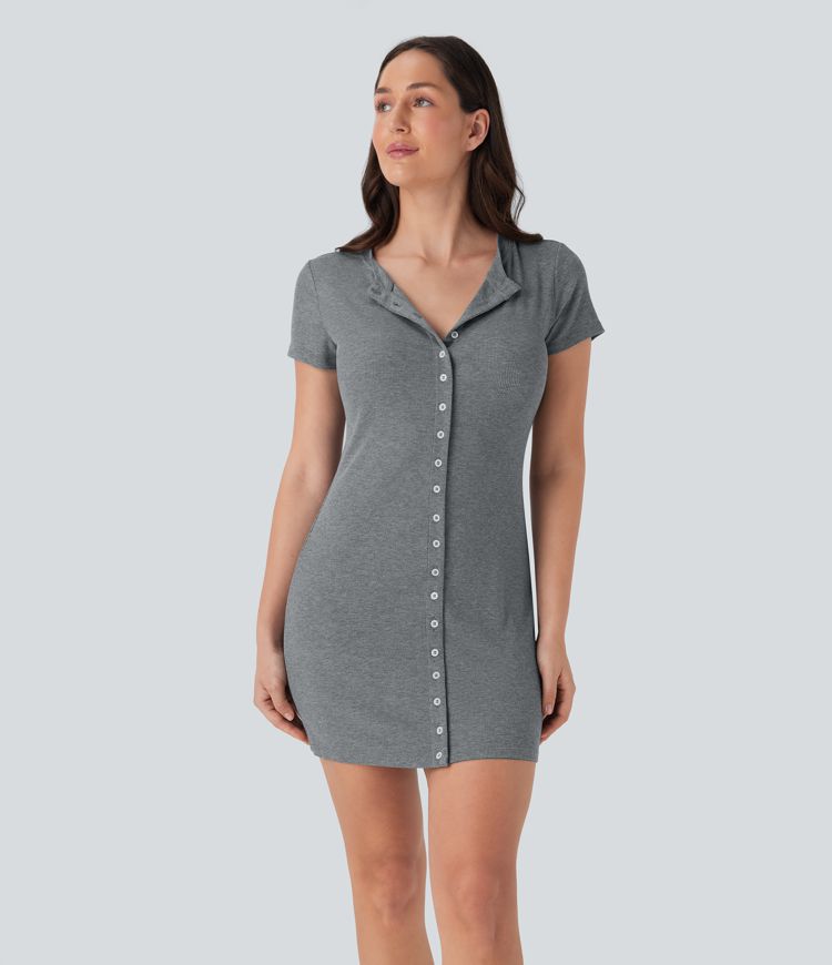 Ribbed Knit Round Neck Mini Casual Dress