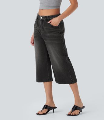 Halara Flex™ Low Rise Washed Casual Capri Baggy Jeans with Pockets