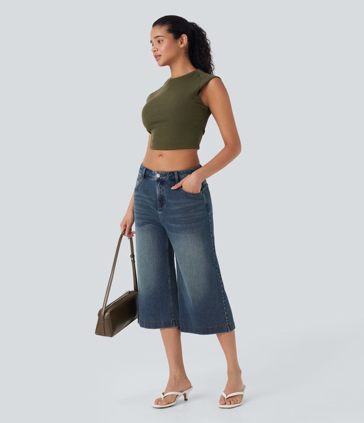 Halara Flex™ Low Rise Washed Casual Capri Baggy Jeans with Pockets