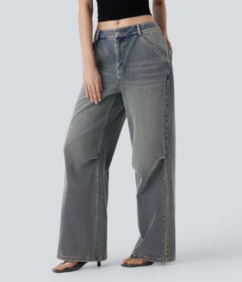 Halara Flex™ Low Rise Wide Leg Washed Casual Jeans with Pockets