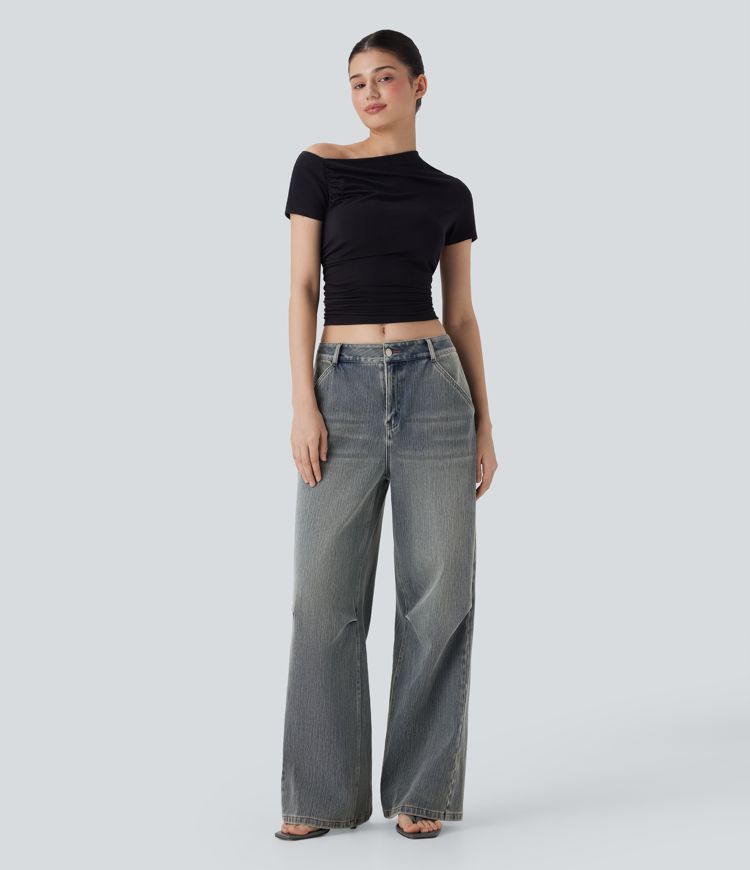 Halara Flex™ Low Rise Wide Leg Washed Casual Jeans with Pockets