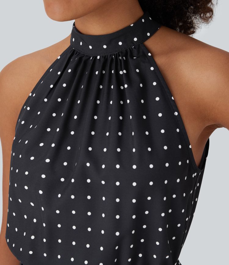 Halter Keyhole Back Belted Polka Dot Flowy Midi Dress with Pockets