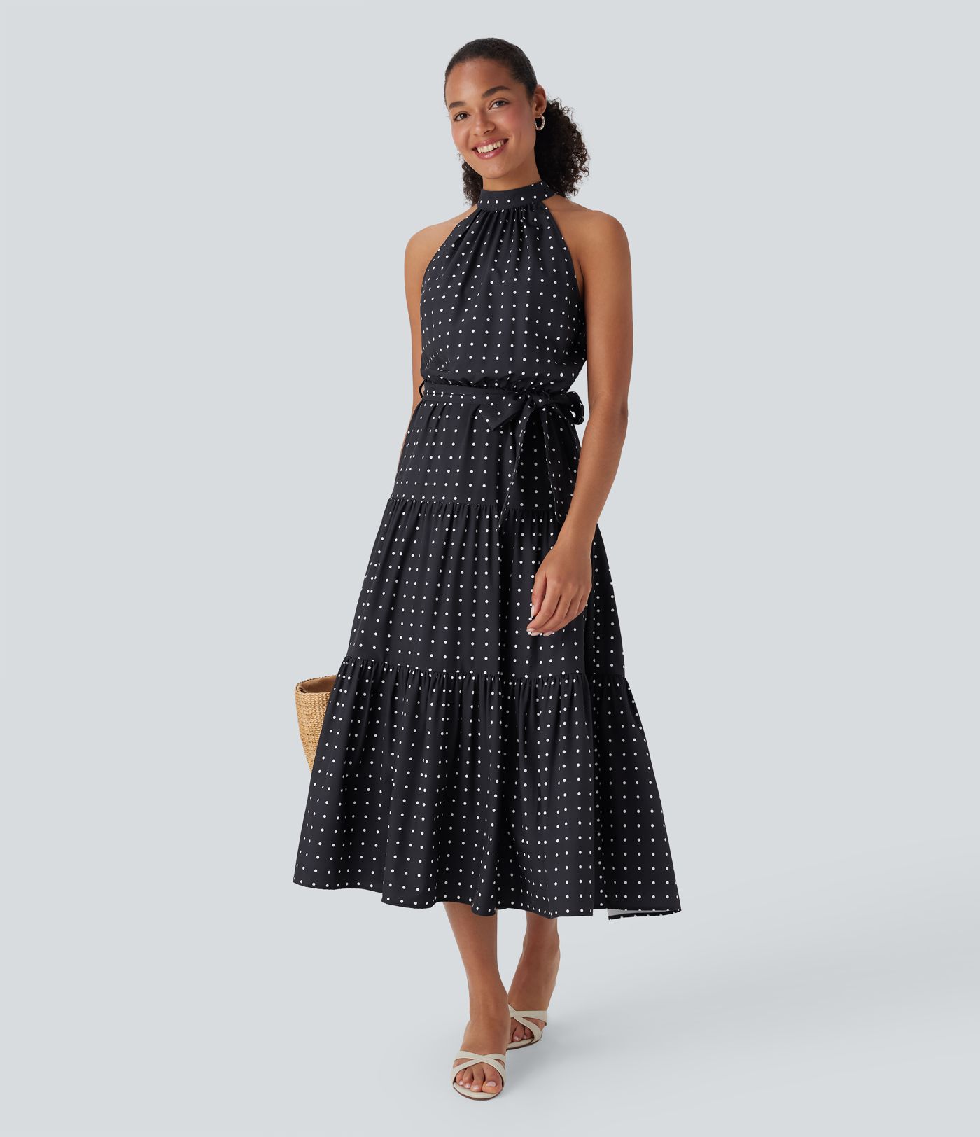 Halter Keyhole Back Belted Polka Dot Flowy Midi Dress with Pockets