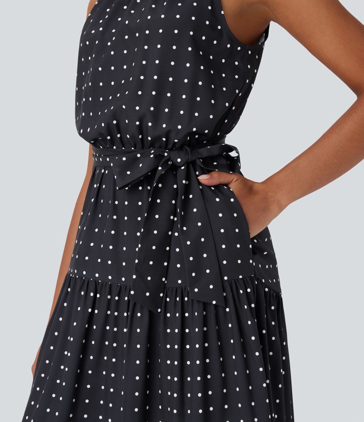 Halter Keyhole Back Belted Polka Dot Flowy Midi Dress with Pockets