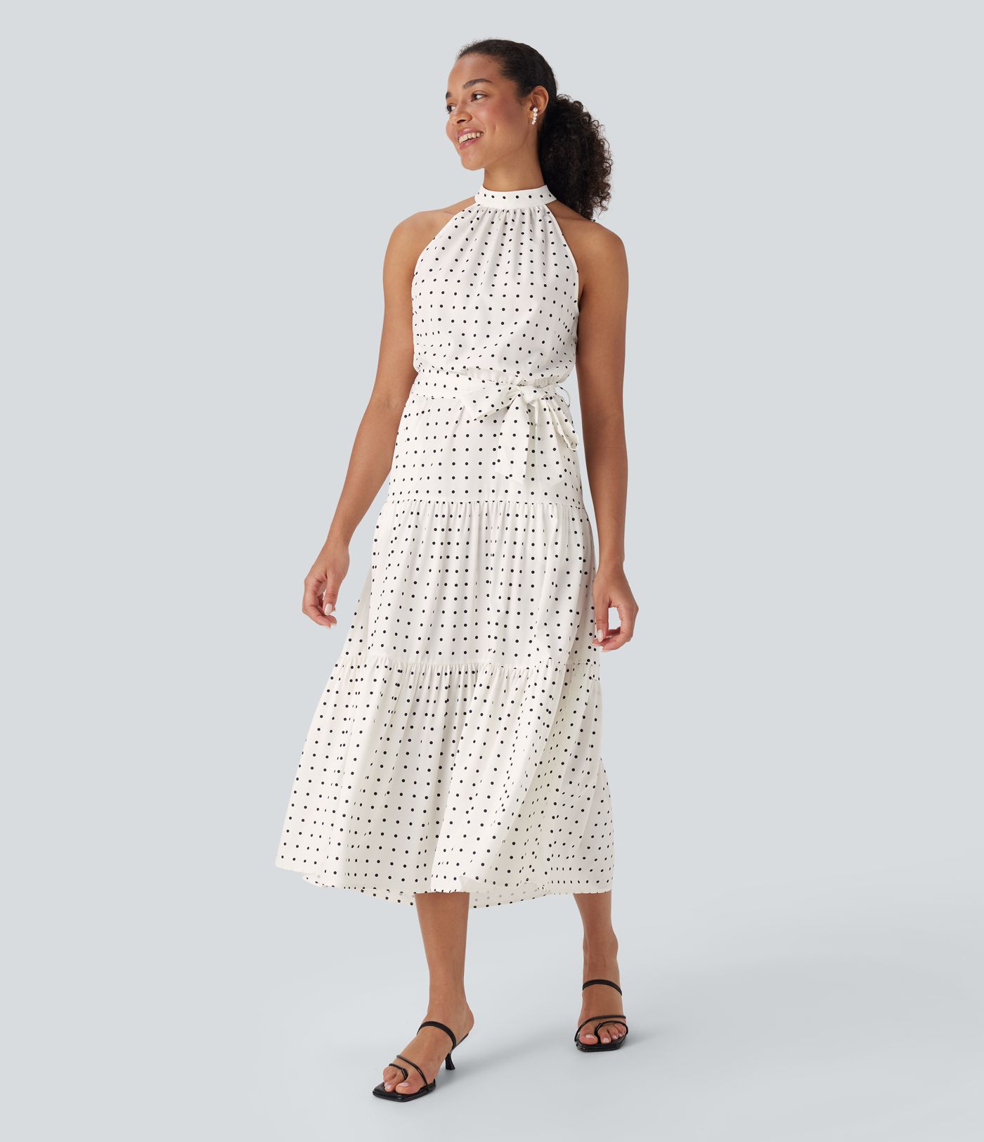 Halter Keyhole Back Belted Polka Dot Flowy Midi Dress with Pockets