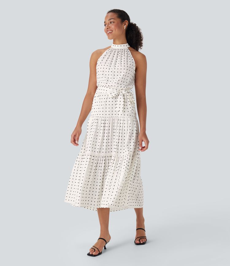 Halter Keyhole Back Belted Polka Dot Flowy Midi Dress with Pockets