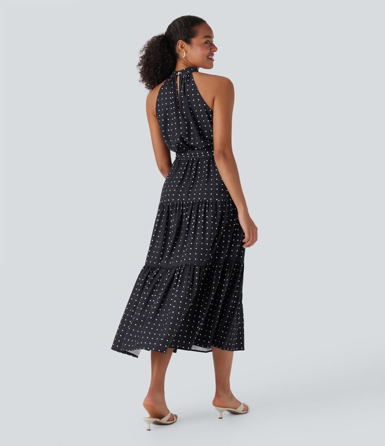 Halter Keyhole Back Belted Polka Dot Flowy Midi Dress with Pockets