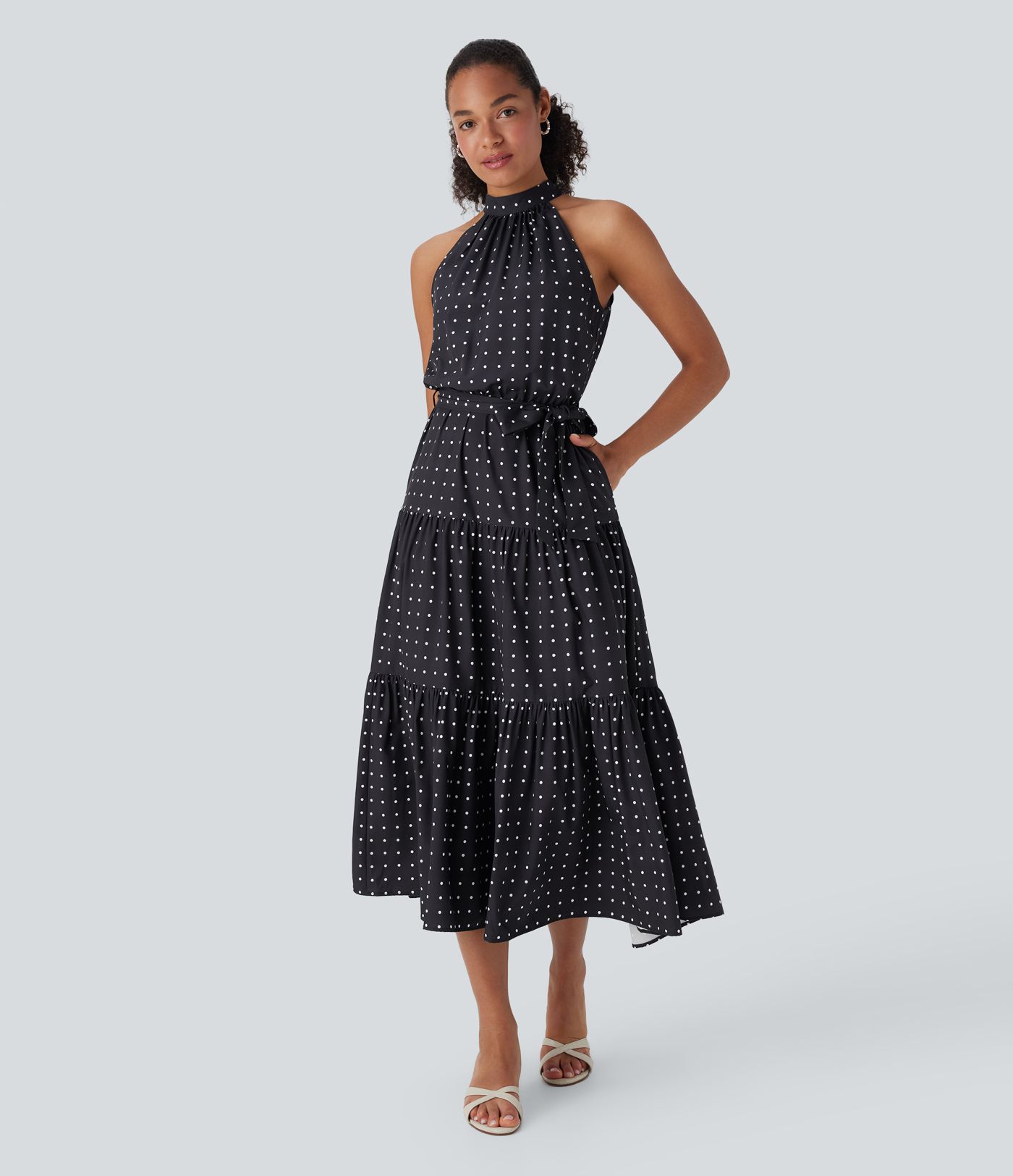 Halter Keyhole Back Belted Polka Dot Flowy Midi Dress with Pockets