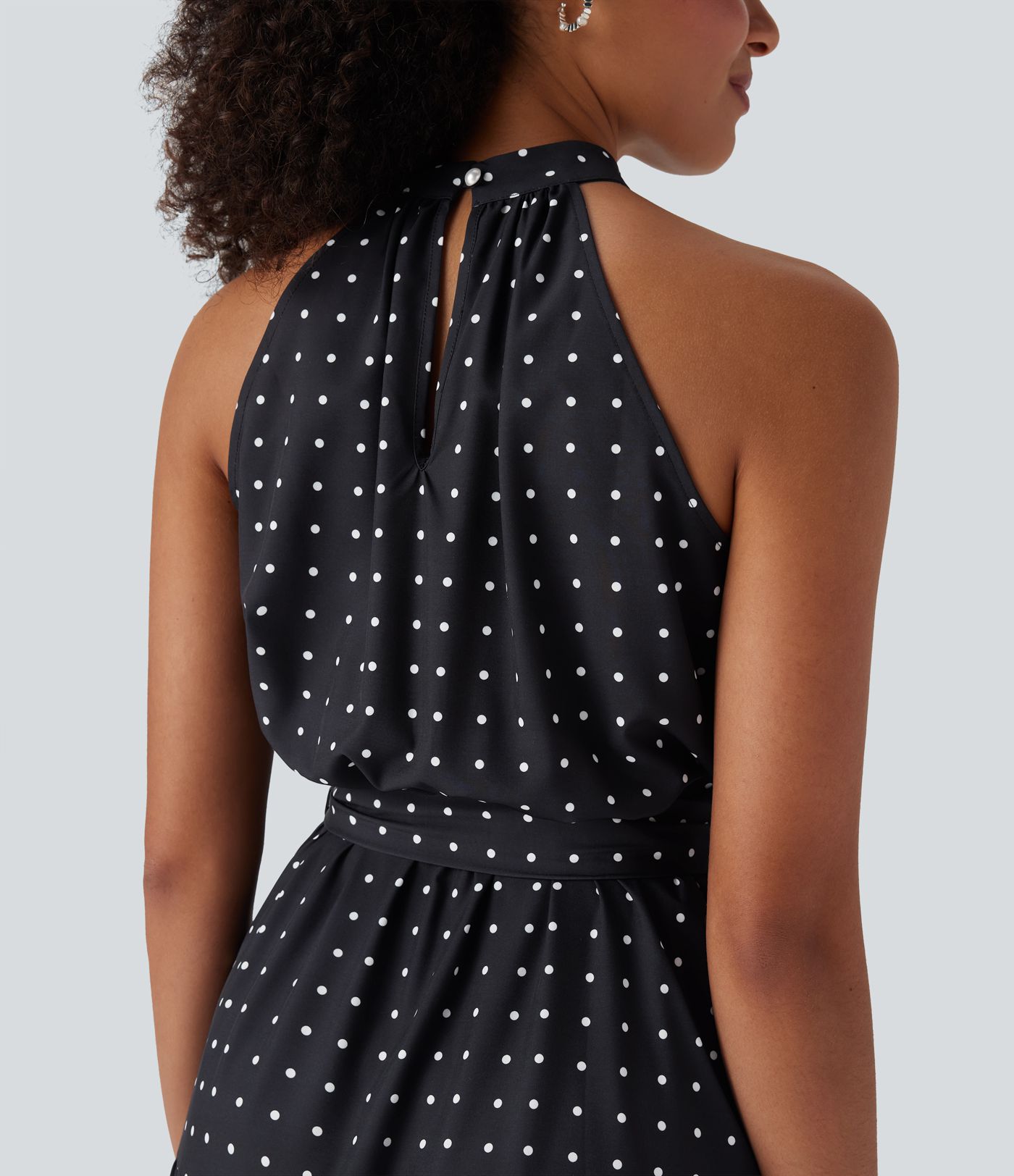 Halter Keyhole Back Belted Polka Dot Flowy Midi Dress with Pockets