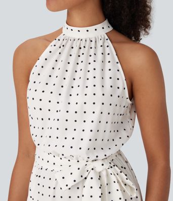 Halter Keyhole Back Belted Polka Dot Flowy Midi Dress with Pockets
