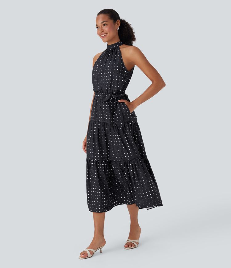 Halter Keyhole Back Belted Polka Dot Flowy Midi Dress with Pockets