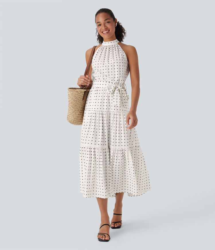 Halter Keyhole Back Belted Polka Dot Flowy Midi Dress with Pockets