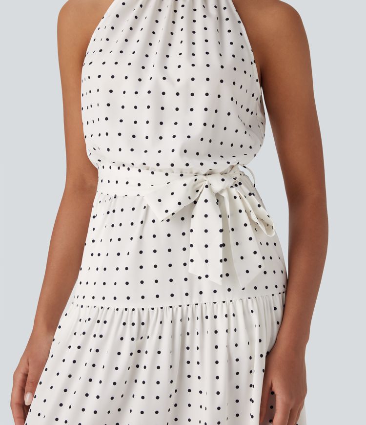 Halter Keyhole Back Belted Polka Dot Flowy Midi Dress with Pockets