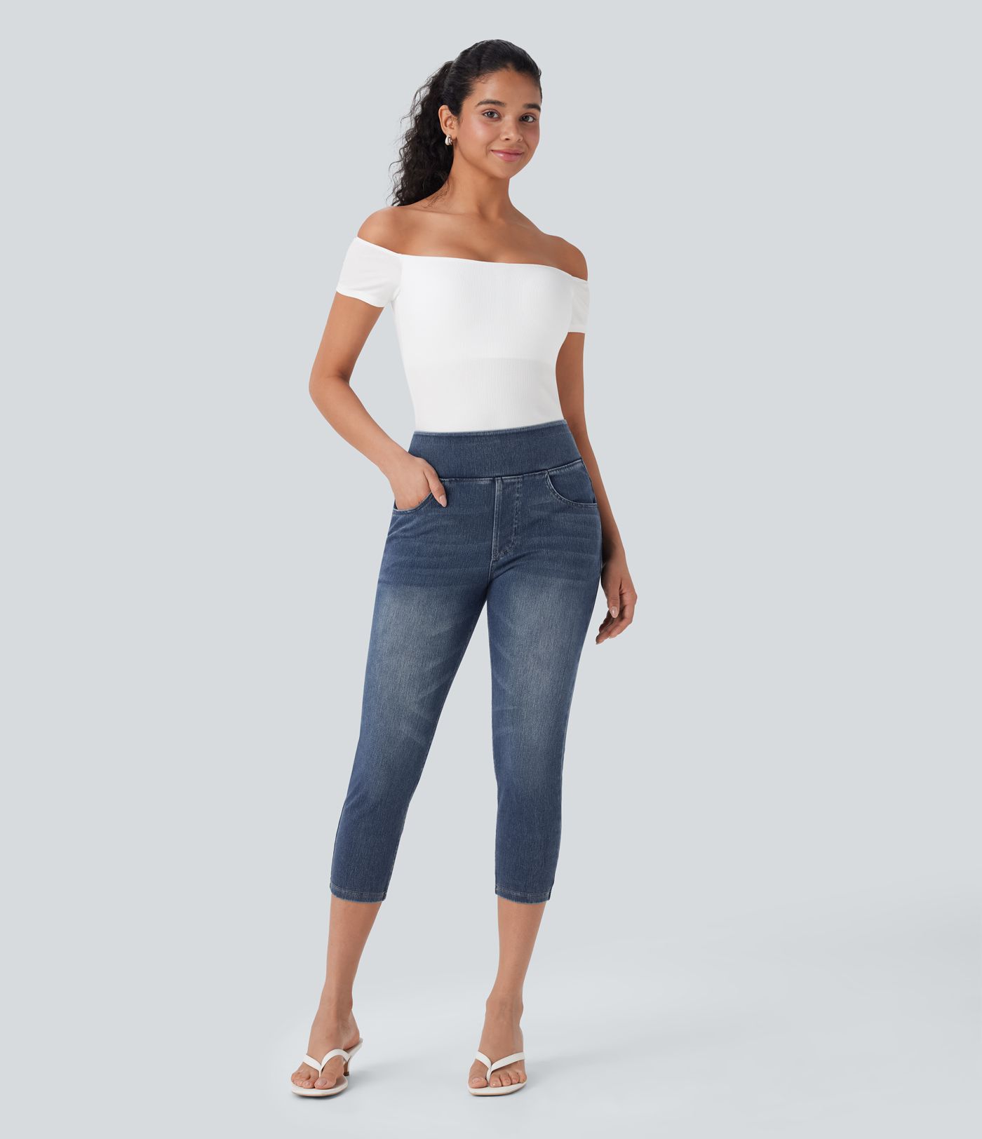 Halara Flex™ High-Waisted Denim Casual Capri Leggings with Pockets