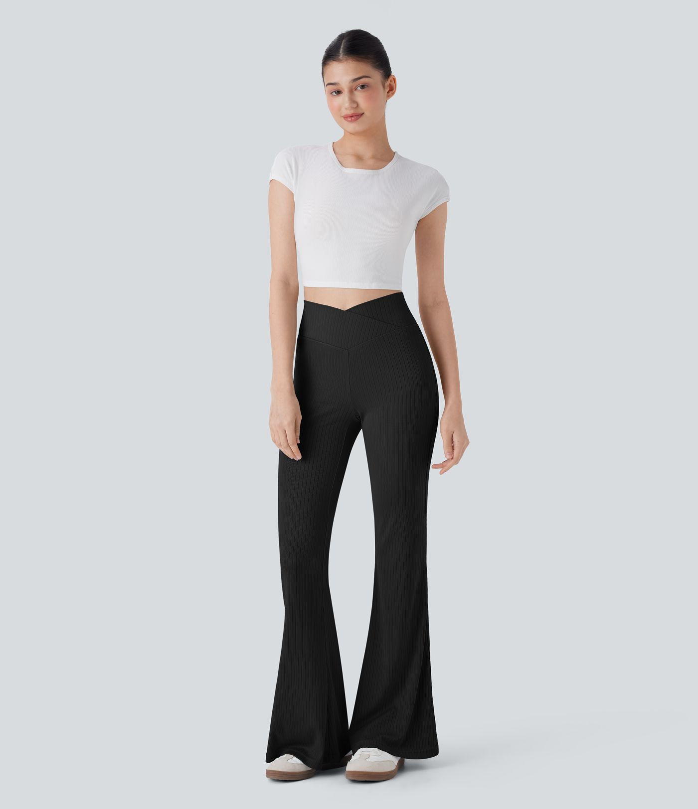 Ribbed Knit Crossover High Waisted Casual Flare Pants with Pocket