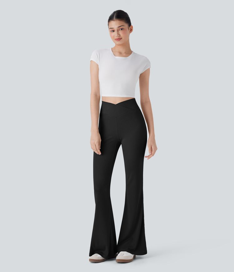 Ribbed Knit Crossover High Waisted Casual Flare Pants with Pocket
