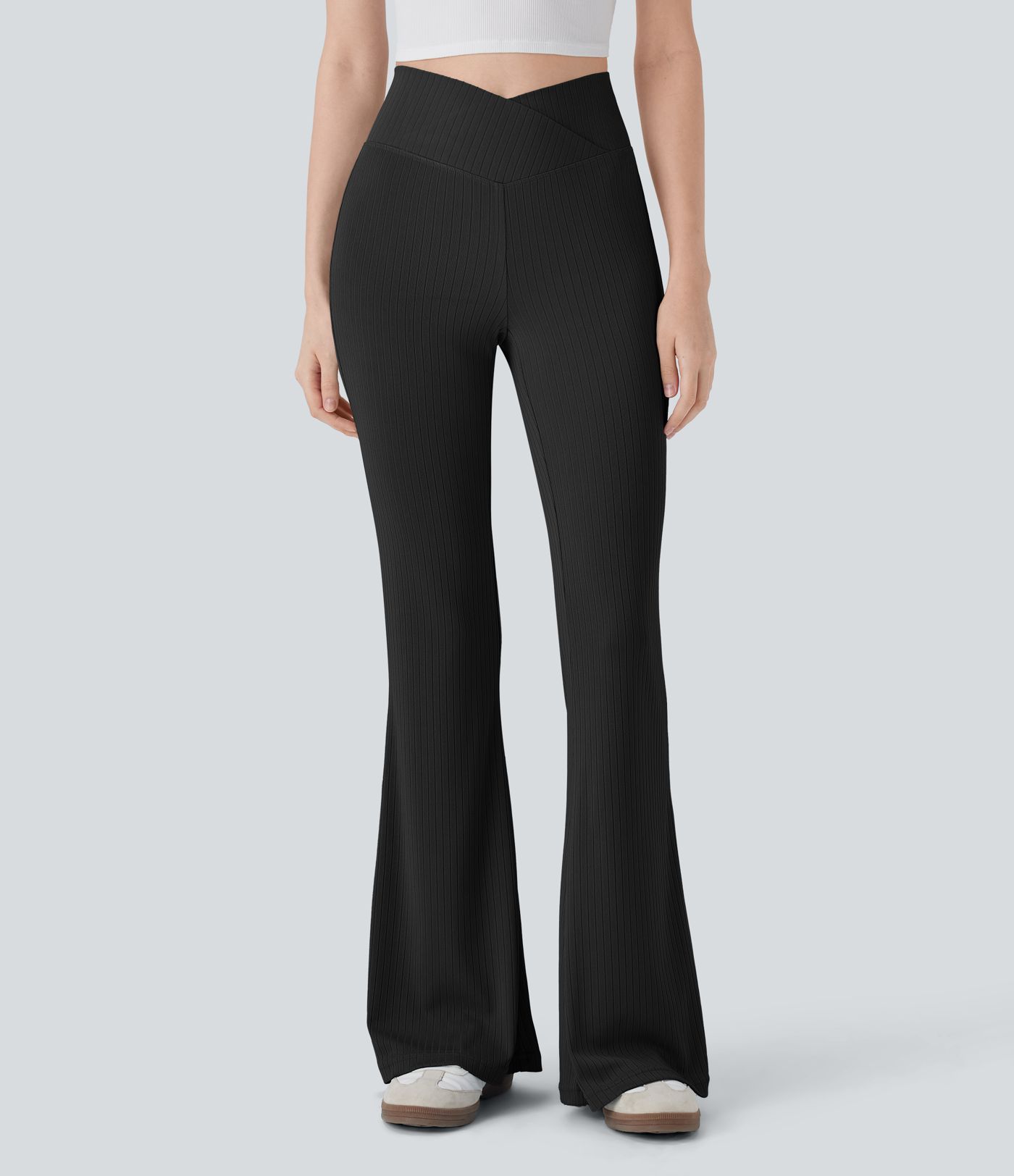 Ribbed Knit Crossover High Waisted Casual Flare Pants with Pocket