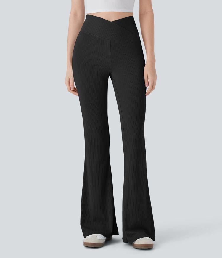 Ribbed Knit Crossover High Waisted Casual Flare Pants with Back Pocket