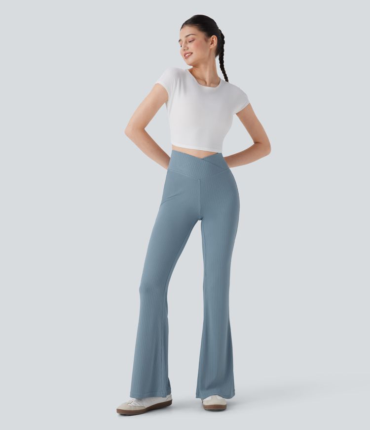 Ribbed Knit Crossover High Waisted Casual Flared Trousers with Back Pocket