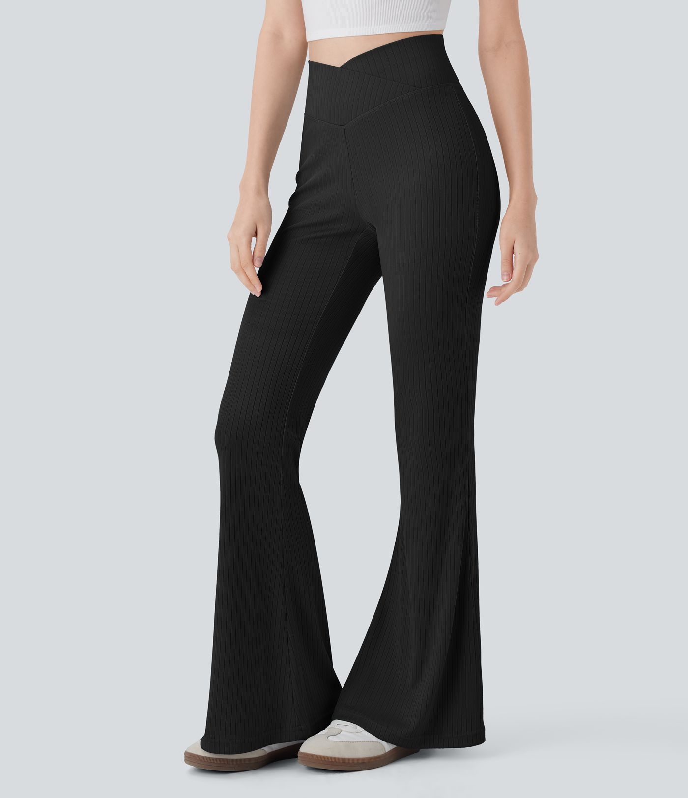 Ribbed Knit Crossover High Waisted Casual Flare Pants with Pocket