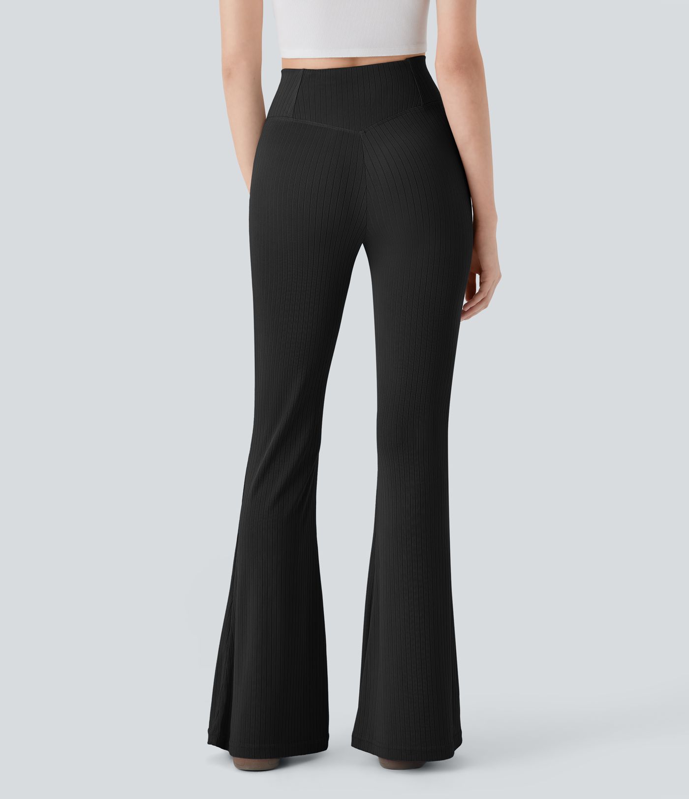 Ribbed Knit Crossover High Waisted Casual Flare Pants with Pocket
