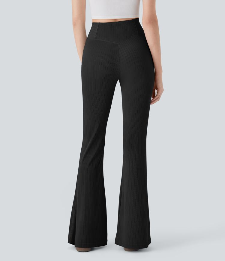 Ribbed Knit Crossover High Waisted Casual Flare Pants with Pocket