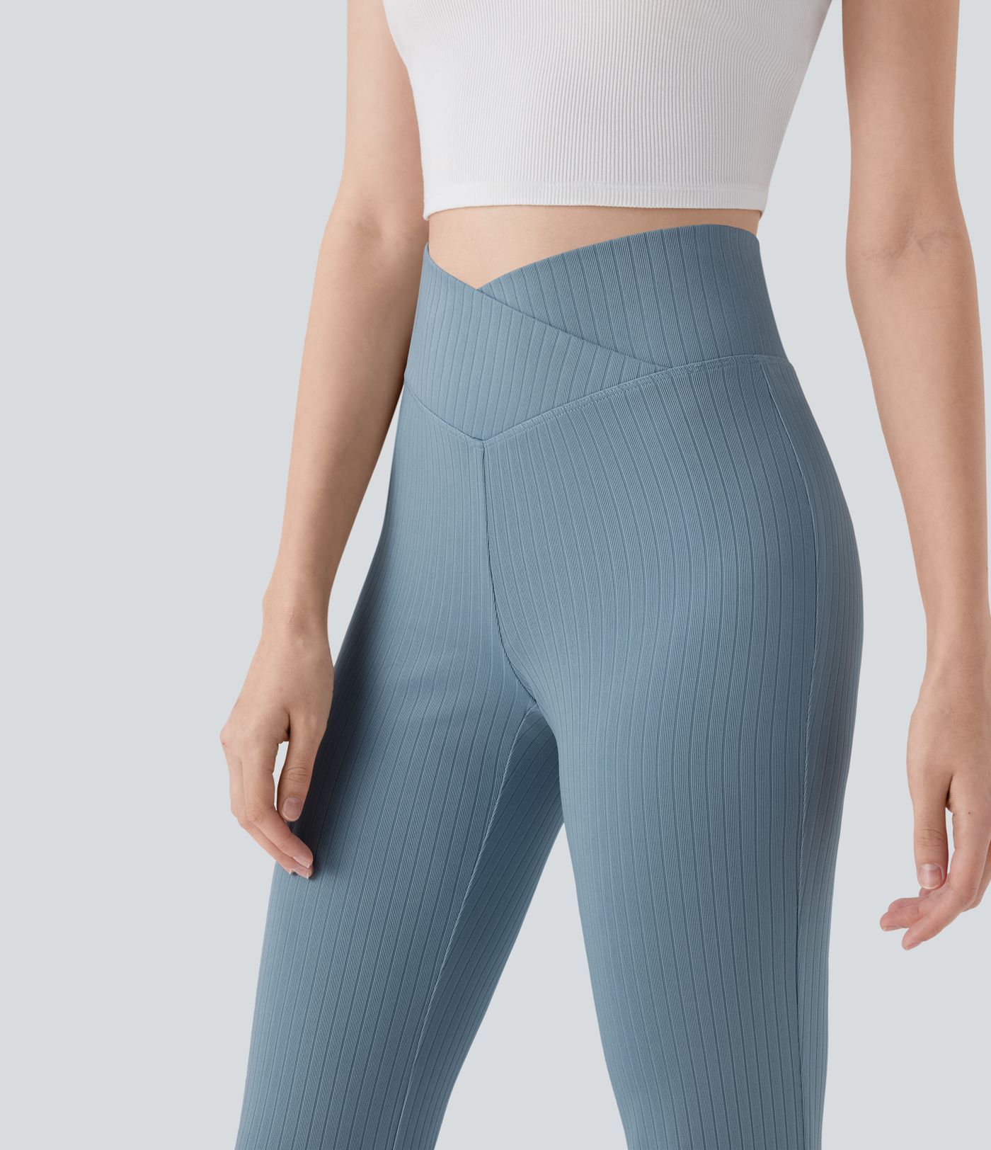 Ribbed Knit Crossover High Waisted Casual Flared Trousers with Back Pocket